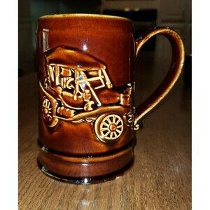 Retro Coffee Mug 1970s Stein Antique Automobile Car 1910 Hupmobile Hall Pottery